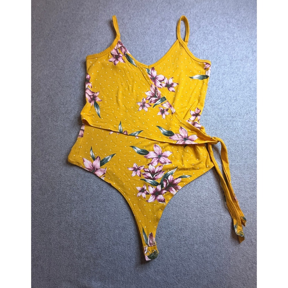 Guess Los Angeles Mustard Yellow Floral Polka Dot Wrap Bodysuit Medium M
